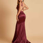 Sexy Satin Criss-cross Back Bridesmaid Dresses Mermaid Deep V-neck Back Pleats Floor Length
