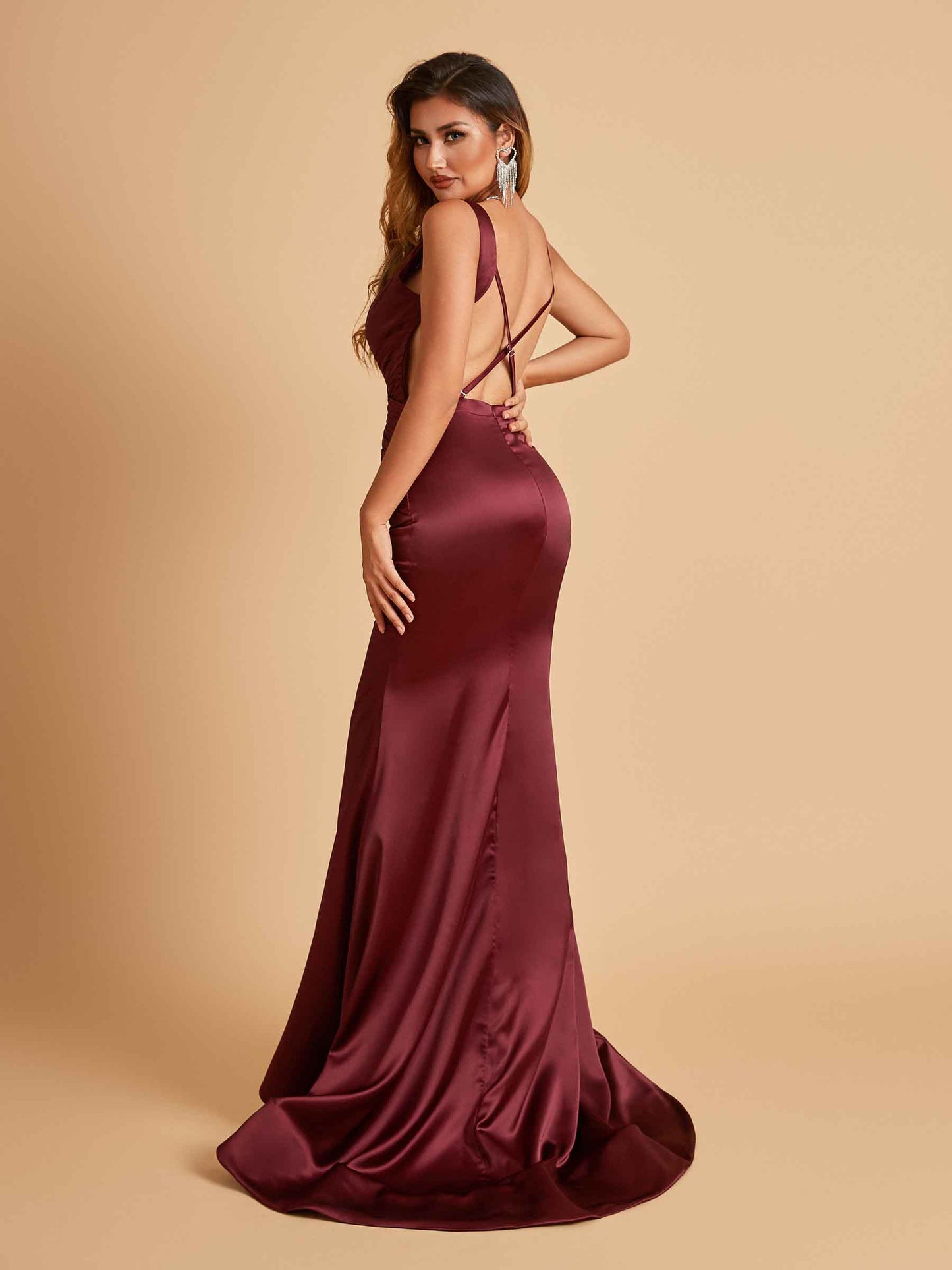 Sexy Satin Criss-cross Back Bridesmaid Dresses Mermaid Deep V-neck Back Pleats Floor Length