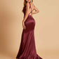 Sexy Satin Criss-cross Back Prom Dresses Mermaid Deep V-neck Back Pleats Floor Length
