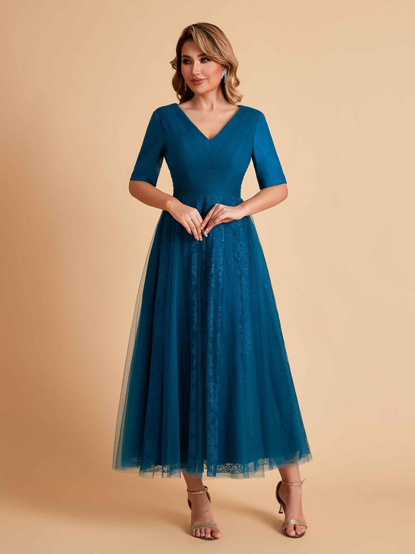 Elegant A-line Half Sleeves V-neck Mother of the Brides Dresses Online