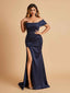 Satin One-shoulder Long Bridesmaid Dresses Side Slit With Pleats Mermaid