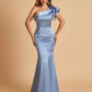 Satin One-shoulder Bridesmaid Dresses Ruffle Sleeves Mermaid Floor Length For Sale