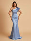 Satin One-shoulder Bridesmaid Dresses Ruffle Sleeves Mermaid Floor Length For Sale