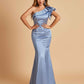 Satin One-shoulder Bridesmaid Dresses Ruffle Sleeves Mermaid Floor Length For Sale