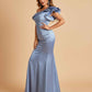 Satin One-shoulder Bridesmaid Dresses Ruffle Sleeves Mermaid Floor Length For Sale