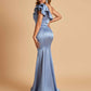 Satin One-shoulder Bridesmaid Dresses Ruffle Sleeves Mermaid Floor Length For Sale