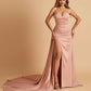 Sexy Satin Sheath Prom Dresses Spaghetti Straps Sweetheart Side Slit With Train