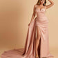 Sexy Satin Sheath Bridesmaid Dresses Spaghetti Straps Sweetheart Side Slit With Train