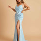 Sexy Satin Sheath Prom Dresses Spaghetti Straps V-neck Side Slit Floor Length