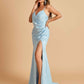Sexy Satin Sheath Bridesmaid Dresses Spaghetti Straps V-neck Side Slit Floor Length