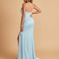 Sexy Satin Sheath Prom Dresses Spaghetti Straps V-neck Side Slit Floor Length