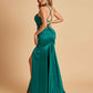 Sexy Satin Mermaid Prom Dresses Spaghetti Straps Scoop Side Slit Criss-cross Back