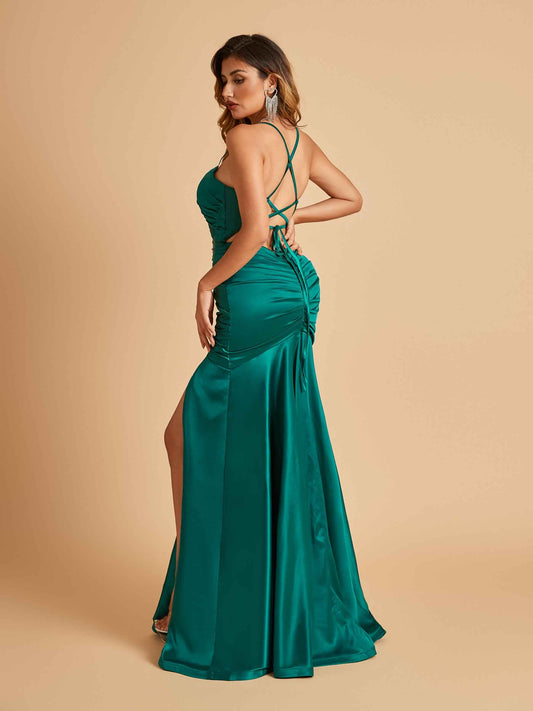 Sexy Satin Mermaid Prom Dresses Spaghetti Straps Scoop Side Slit Criss-cross Back