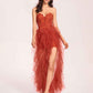 Sexy Rust Strapless Sweetheart Corset Ruffle Side-slit Mermaid Long Prom Dress, Evening Dress