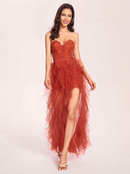 Sexy Rust Strapless Sweetheart Corset Ruffle Side-slit Mermaid Long Prom Dress, Evening Dress