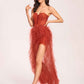 Sexy Rust Strapless Sweetheart Corset Ruffle Side-slit Mermaid Long Prom Dress, Evening Dress