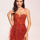 Sexy Rust Strapless Sweetheart Corset Ruffle Side-slit Mermaid Long Prom Dress, Evening Dress