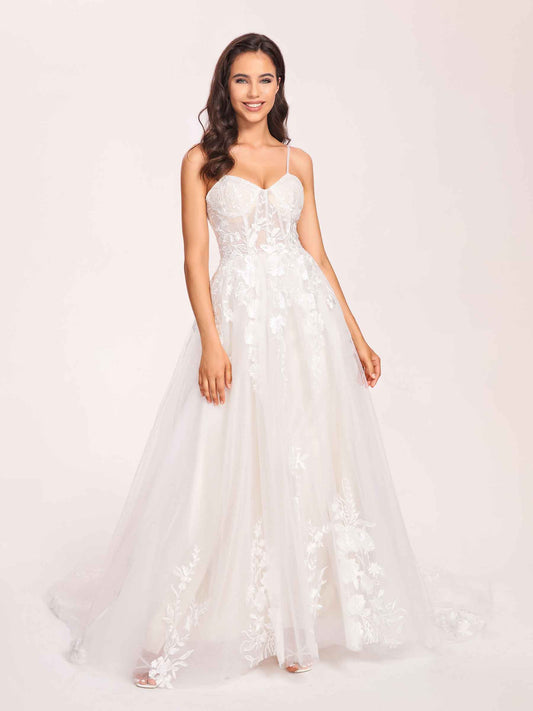 Sexy Corset Top Spaghetti Straps Appliques A-line Floor Length Wedding Dress