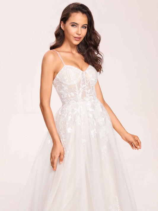 Sexy Corset Top Spaghetti Straps Appliques A-line Floor Length Wedding Dress