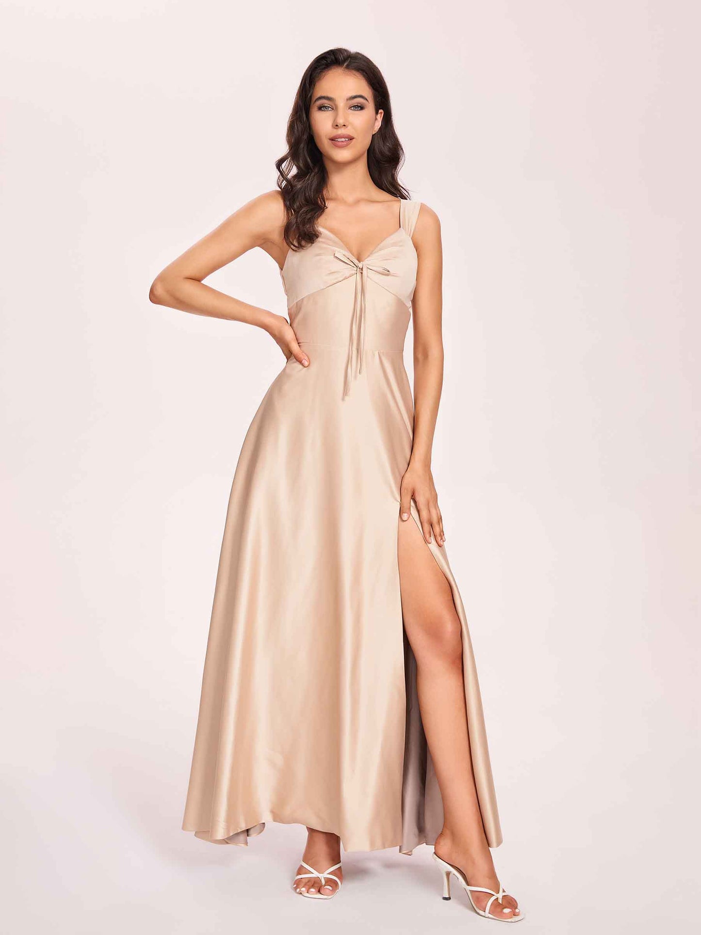 Satin V-neck A-line Bridesmaid Dresses Side slit Floor Length