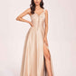 Satin V-neck A-line Prom Dresses Side slit Floor Length