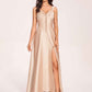 Satin V-neck A-line Prom Dresses Side slit Floor Length