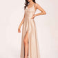 Satin V-neck A-line Prom Dresses Side slit Floor Length
