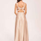 Satin V-neck A-line Prom Dresses Side slit Floor Length