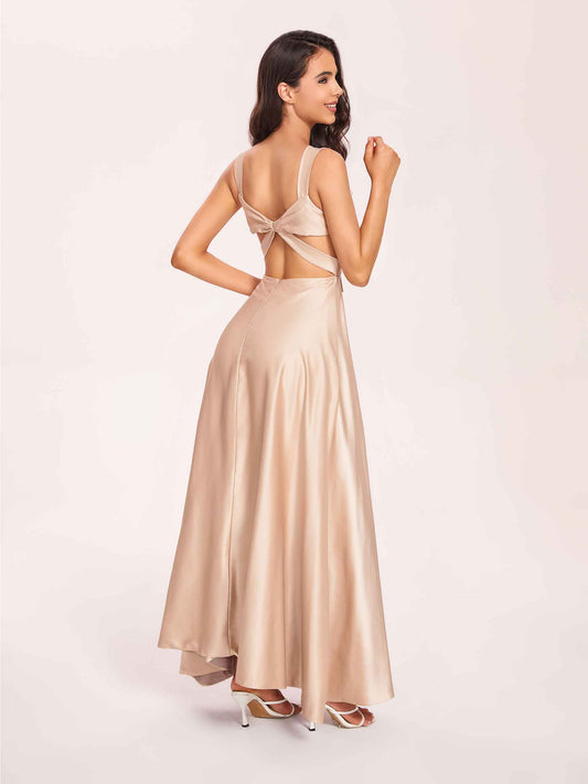 Satin V-neck A-line Bridesmaid Dresses Side slit Floor Length
