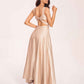 Satin V-neck A-line Prom Dresses Side slit Floor Length