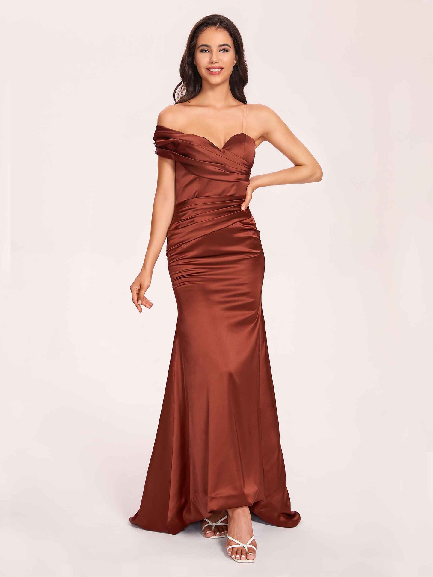 Satin One-shoulder Bridesmaid Dresses Pleats Floor Length Mermaid Long