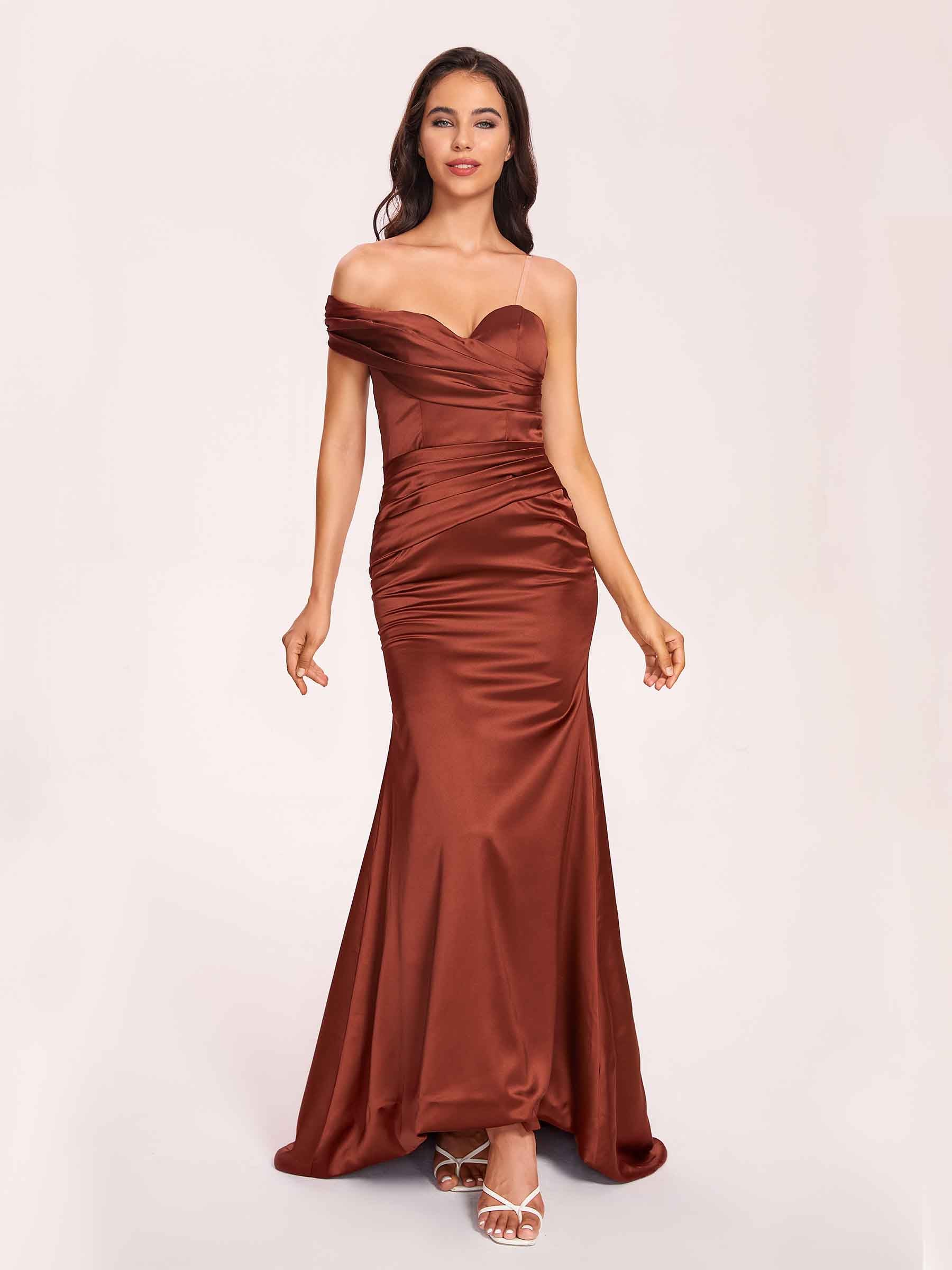 Satin One shoulder Prom Dresses Pleats Floor Length Mermaid Long