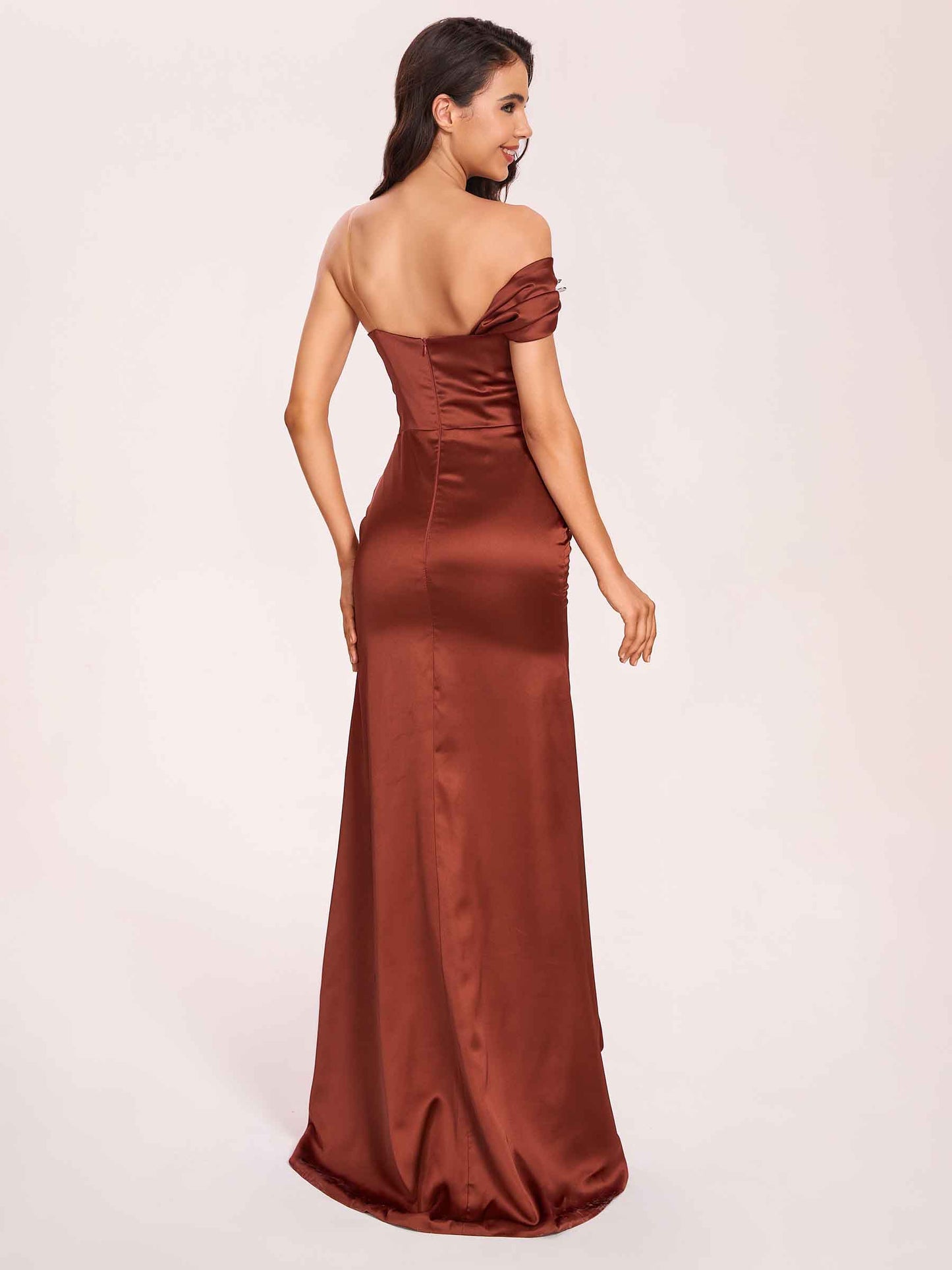 Satin One-shoulder Bridesmaid Dresses Pleats Floor Length Mermaid Long