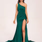 Jersey One-shoulder Prom Dresses Open Back Pleats Side-Slit With Train Long