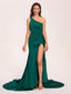 Jersey One-shoulder Prom Dresses Open Back Pleats Side-Slit With Train Long