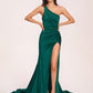 Jersey One-shoulder Prom Dresses Open Back Pleats Side-Slit With Train Long