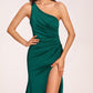 Jersey One-shoulder Prom Dresses Open Back Pleats Side-Slit With Train Long