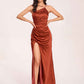 Satin Halter Pleats Sheath Prom Dresses Side-Slit Floor Length Sleeveless