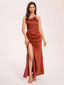 Satin Halter Pleats Sheath Bridesmaid Dresses Side-Slit Floor Length Sleeveless