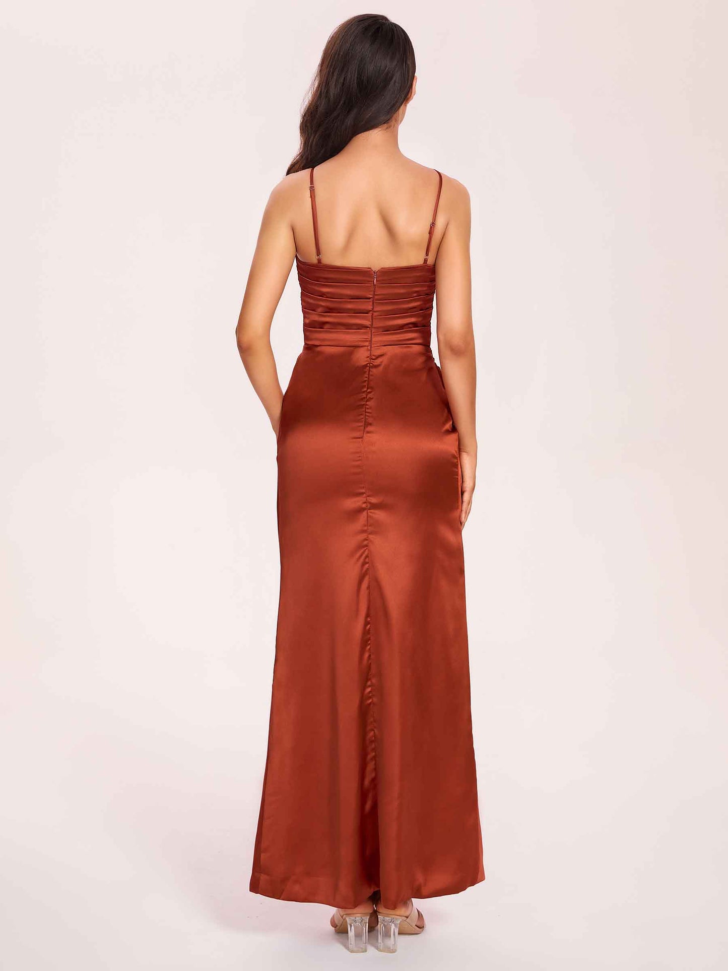 Satin Halter Pleats Sheath Bridesmaid Dresses Side-Slit Floor Length Sleeveless