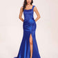 Sexy Satin Square Mermaid Bridesmaid Dresses Pleats Side-Slit Floor-Length Sleeveless
