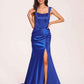 Sexy Satin Square Mermaid Prom Dresses Pleats Side-Slit Floor-Length Sleeveless