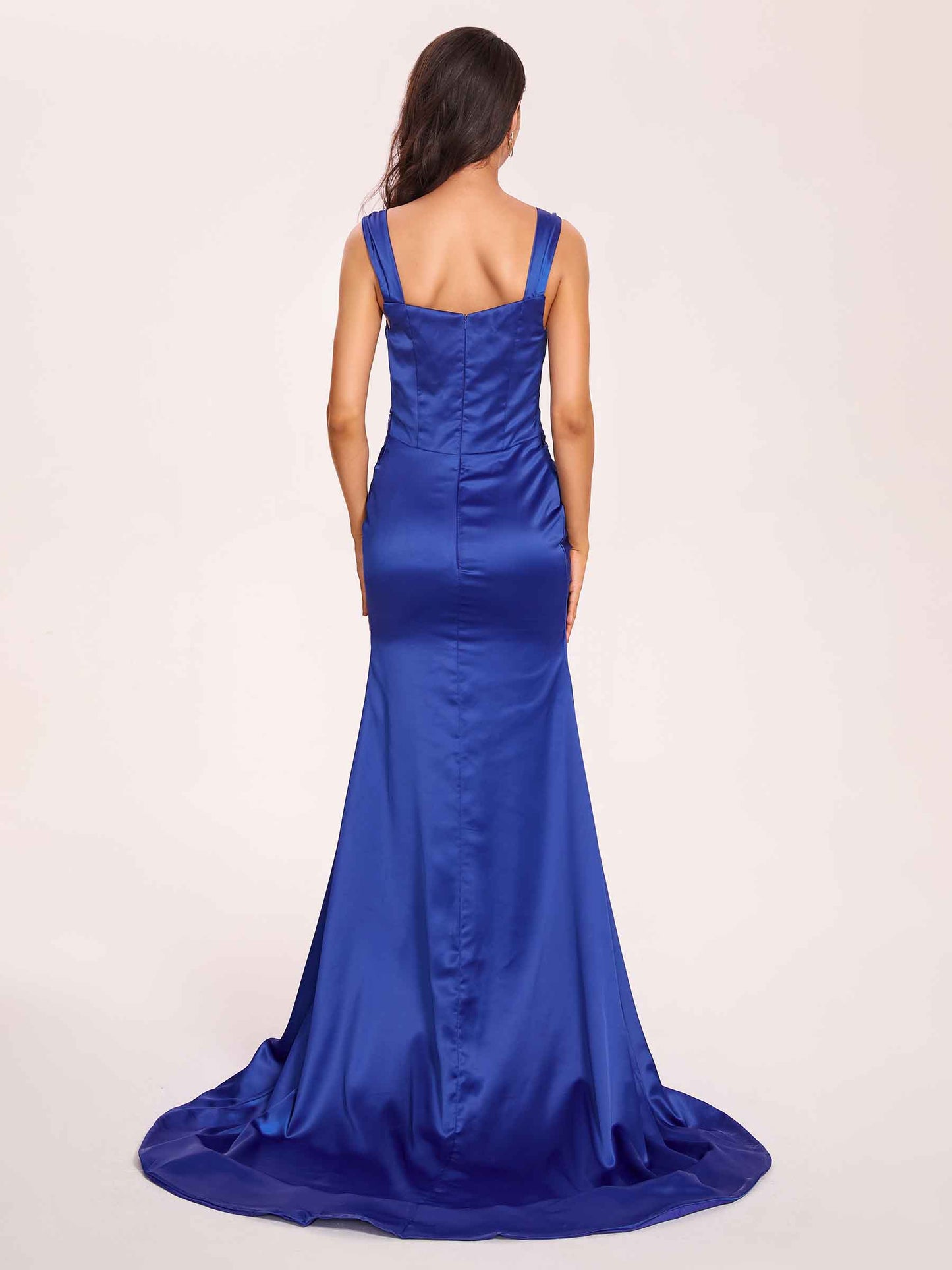 Sexy Satin Square Mermaid Bridesmaid Dresses Pleats Side-Slit Floor-Length Sleeveless