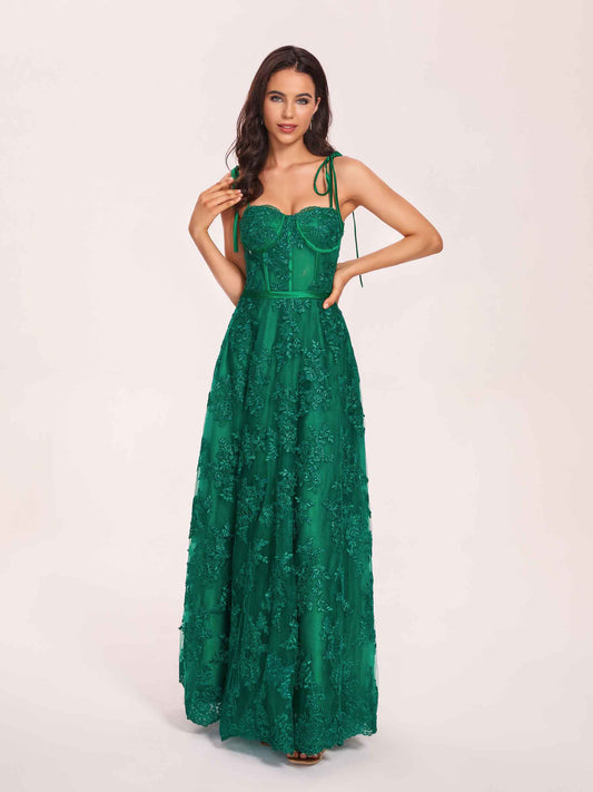 Green Prom Dress Spaghetti Straps Sleeveless Lace A-line Long Evening Dress