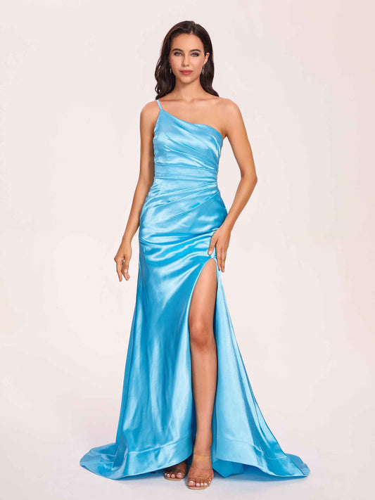Satin One-shoulder Mermaid Bridesmaid Dresses Side Slit Pleats Floor Length