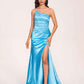 Satin One-shoulder Mermaid Prom Dresses Side Slit Pleats Floor Length