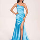 Satin One-shoulder Mermaid Prom Dresses Side Slit Pleats Floor Length