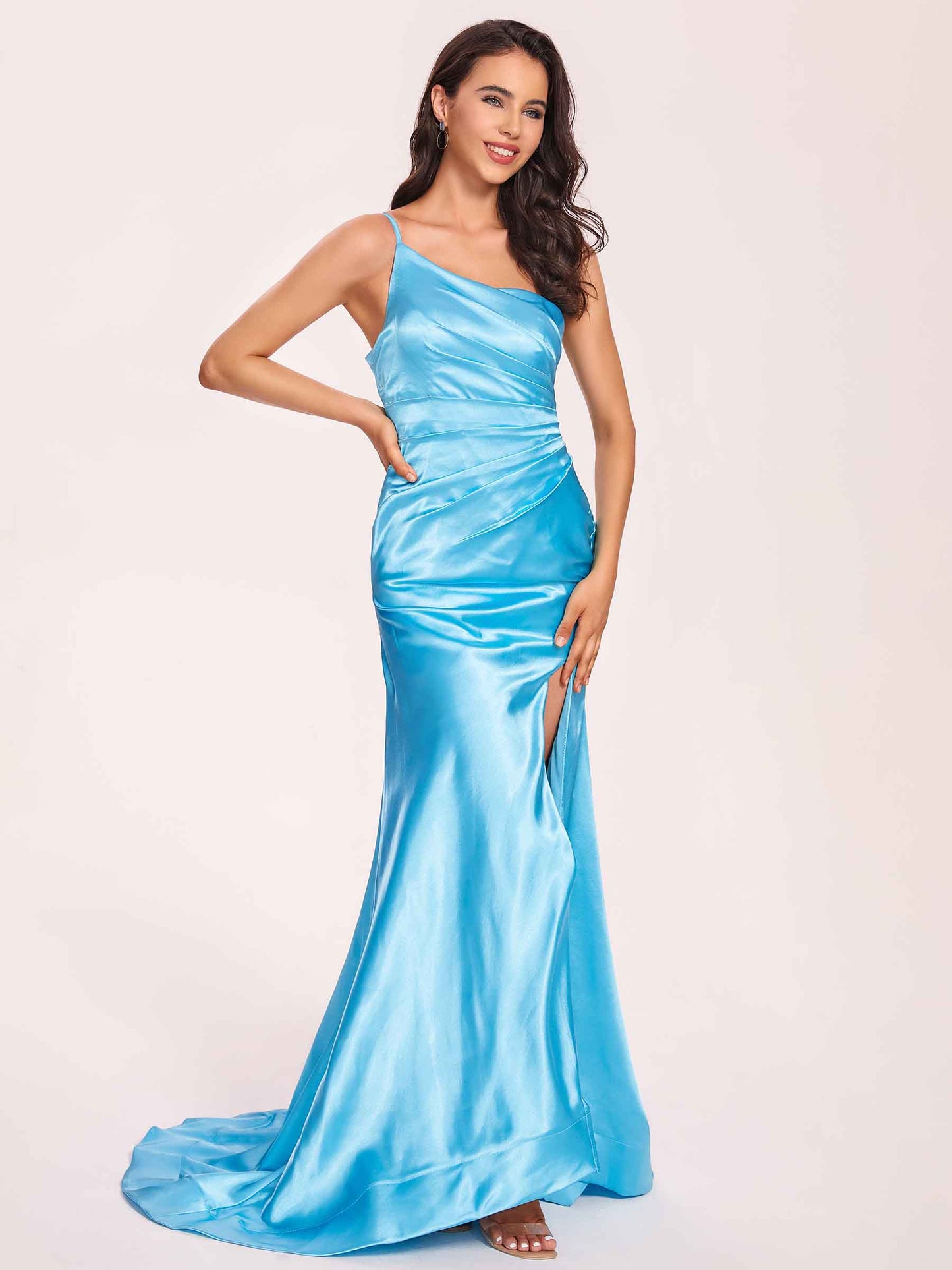 Satin One-shoulder Mermaid Bridesmaid Dresses Side Slit Pleats Floor Length