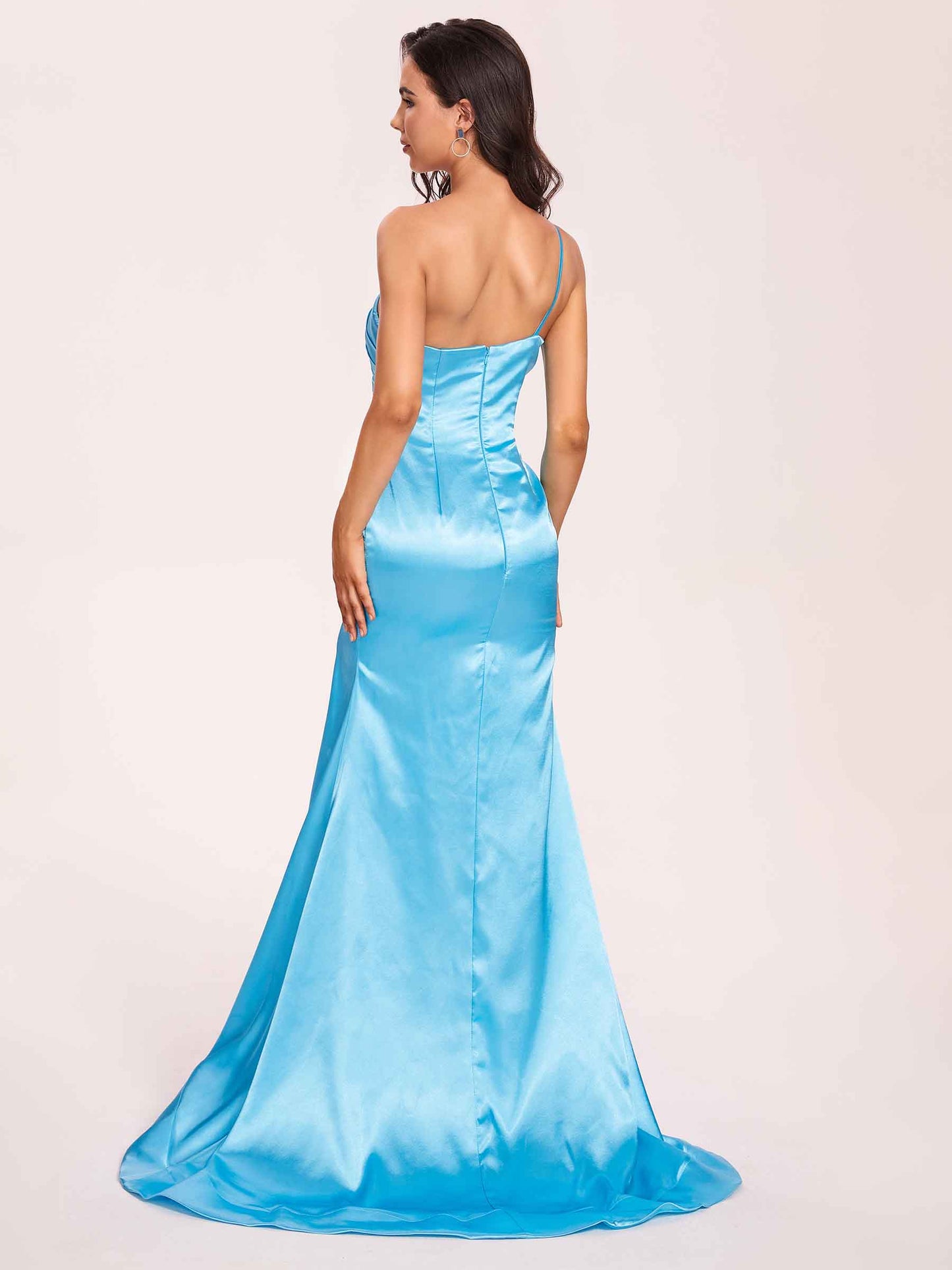 Satin One-shoulder Mermaid Bridesmaid Dresses Side Slit Pleats Floor Length