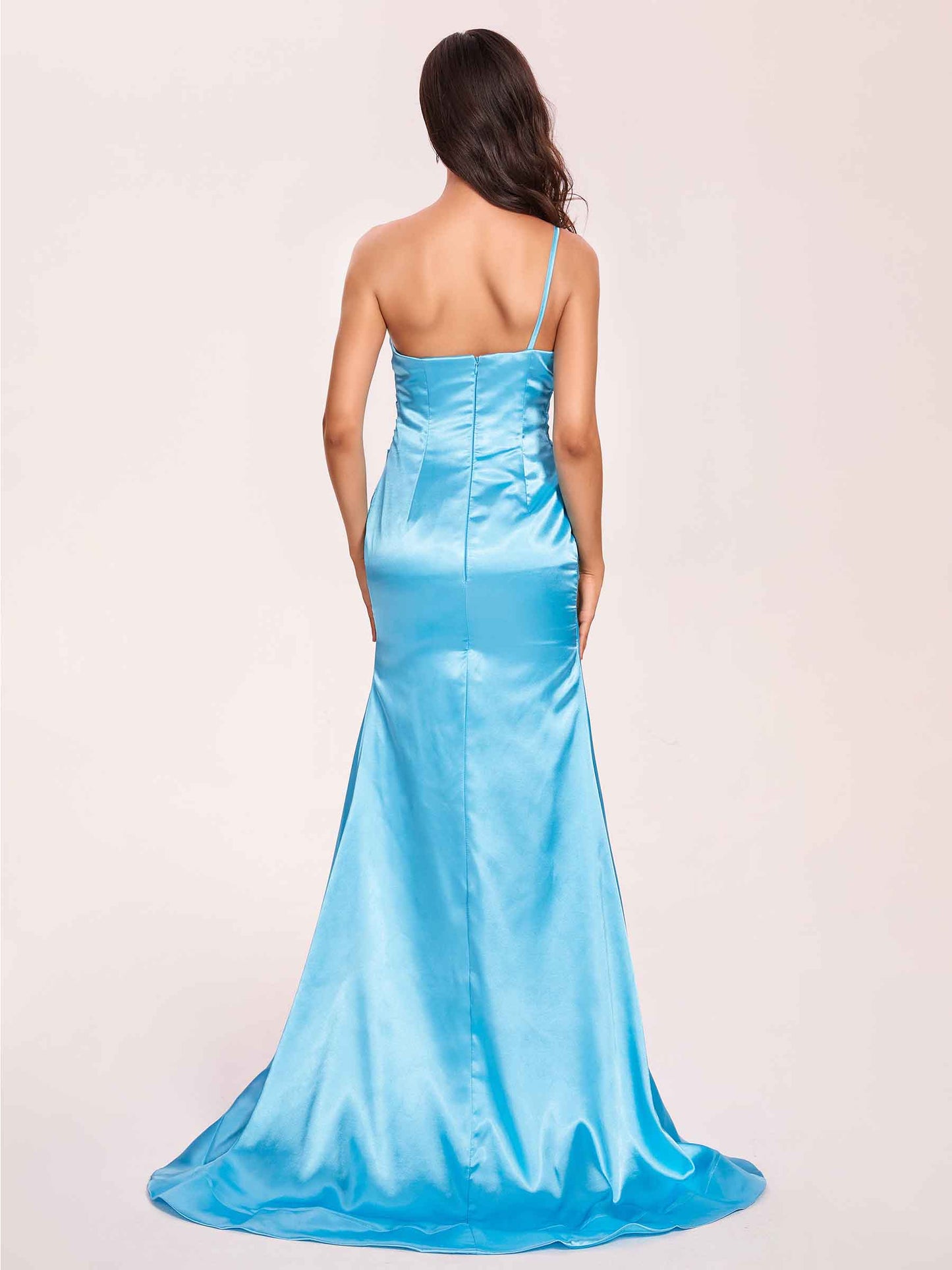 Satin One-shoulder Mermaid Bridesmaid Dresses Side Slit Pleats Floor Length